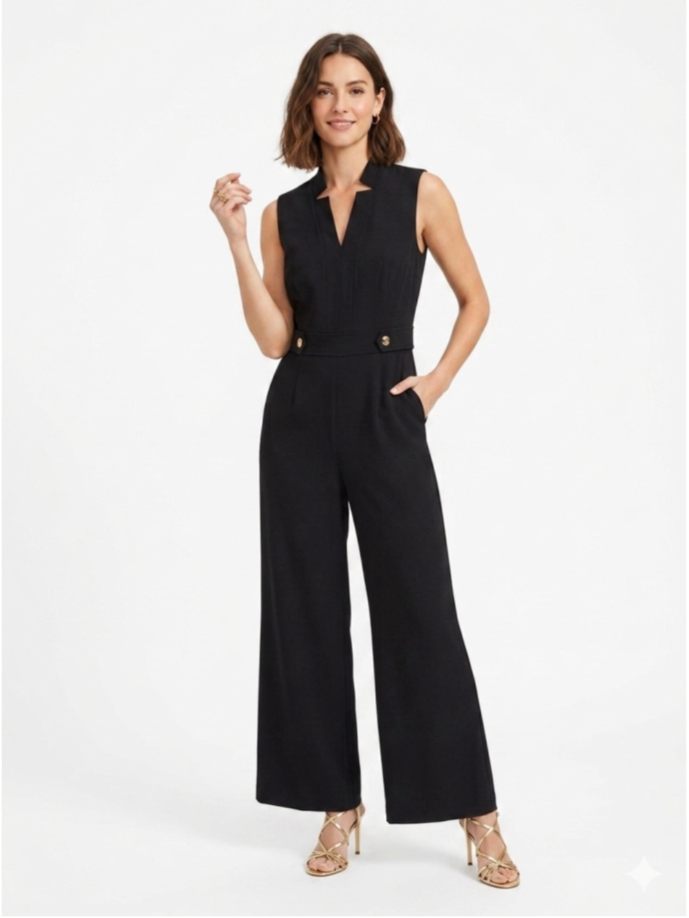 Tahari Black Sleeveless V-Neck Wide Leg Jumpsuit w/Gold Button Waist Tab 16P